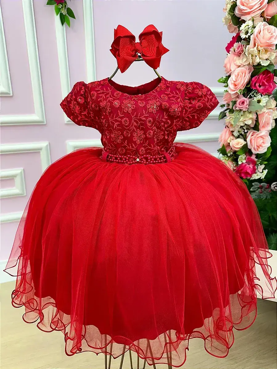 Vestido vermelho peito renda flores