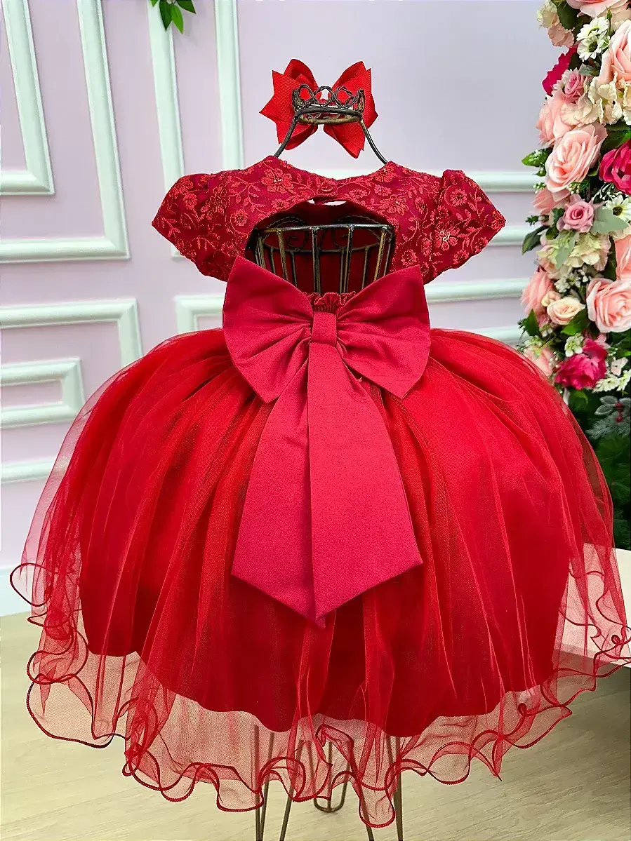 Vestido vermelho peito renda flores, foto 4
