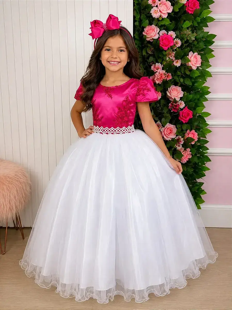 Vestido longo mari peito rendado pink saia branca