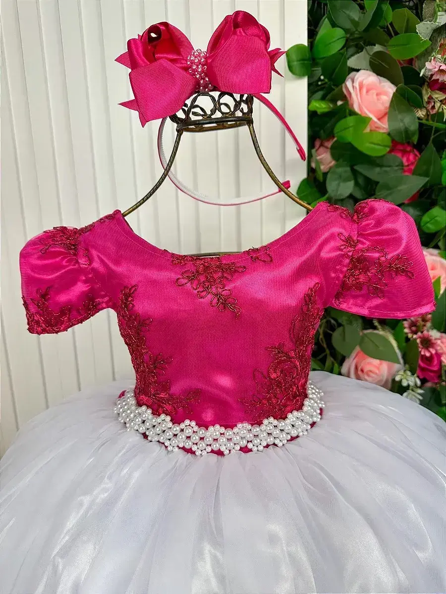 Vestido longo mari peito rendado pink saia branca, foto 3