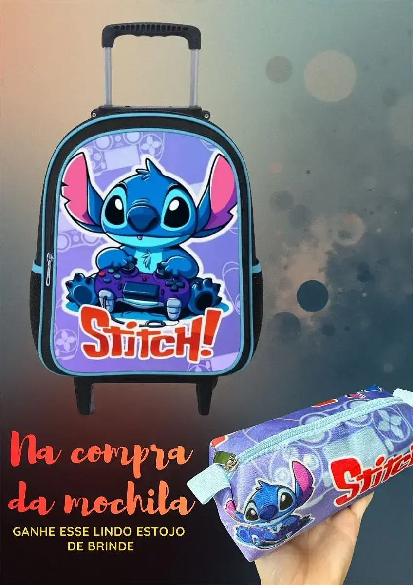 Mochila rodinhas Stitch masculino estojo de brinde