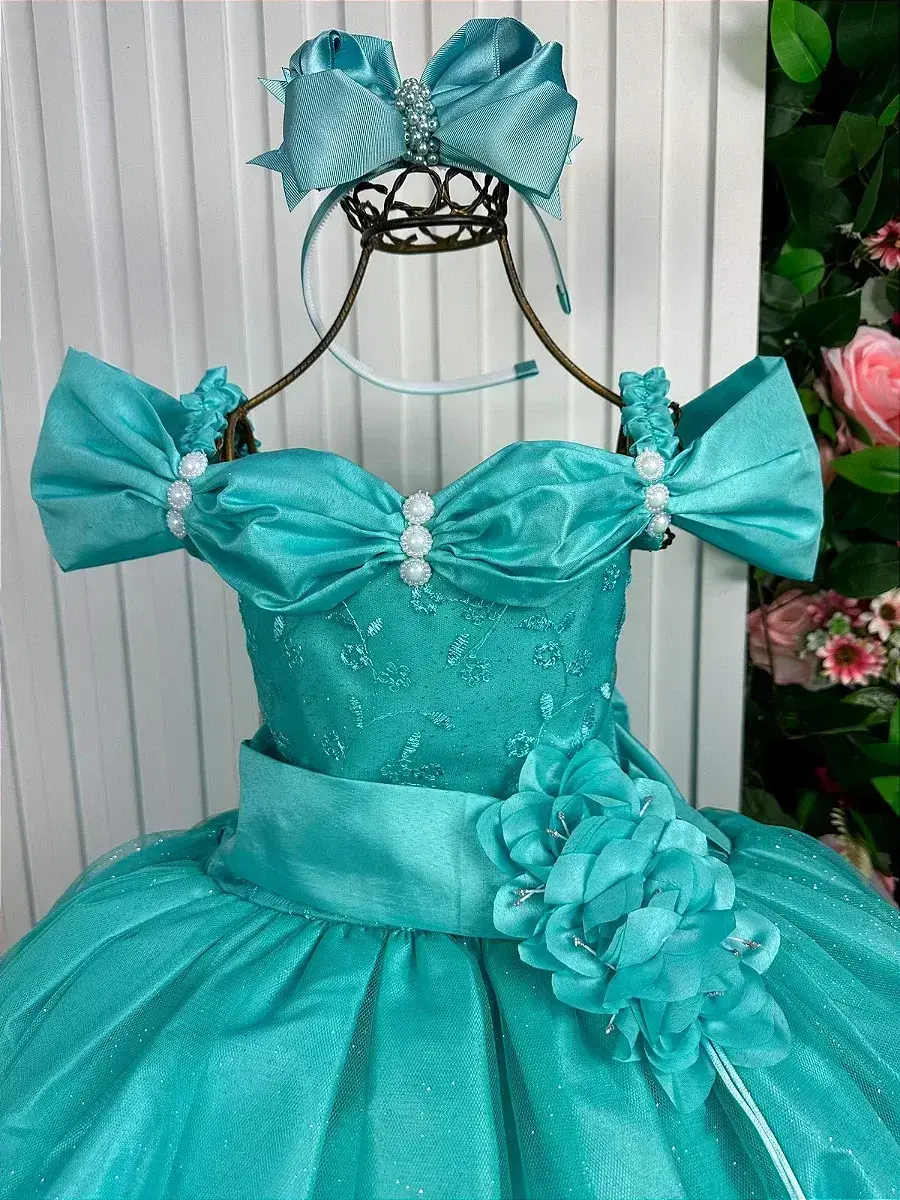 Vestido longo manga princesa verde tiffany, foto 2