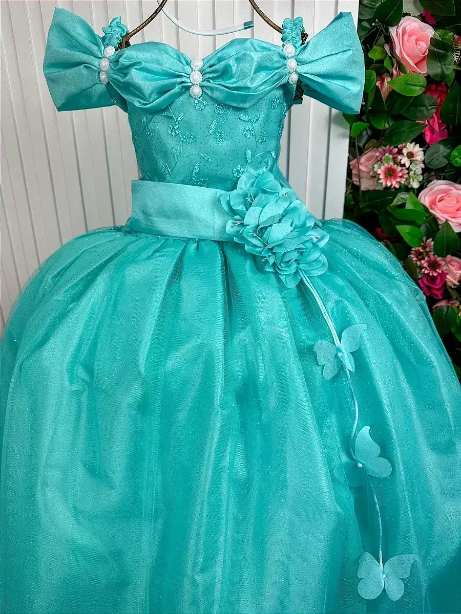 Vestido longo manga princesa verde tiffany, foto 3