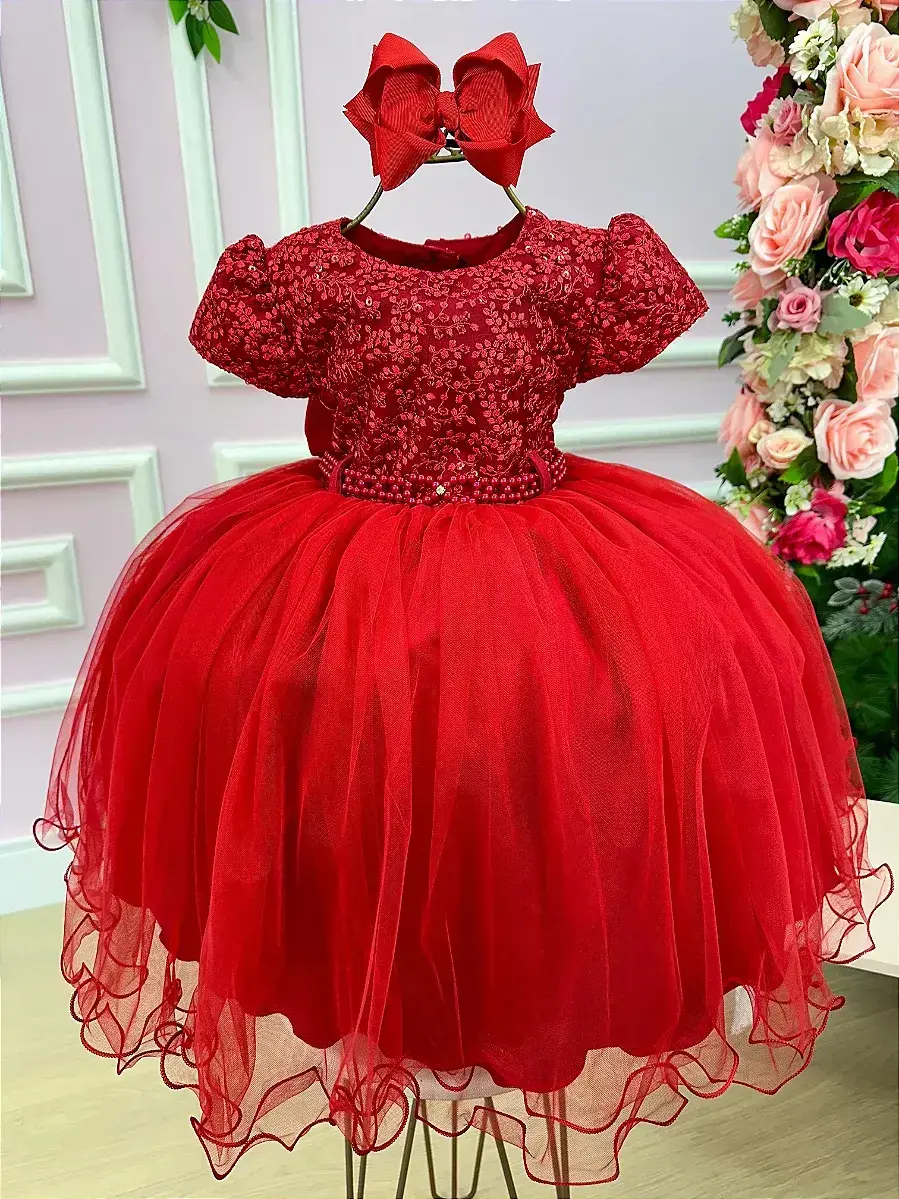 Vestido vermelho peito rendado florzinha
