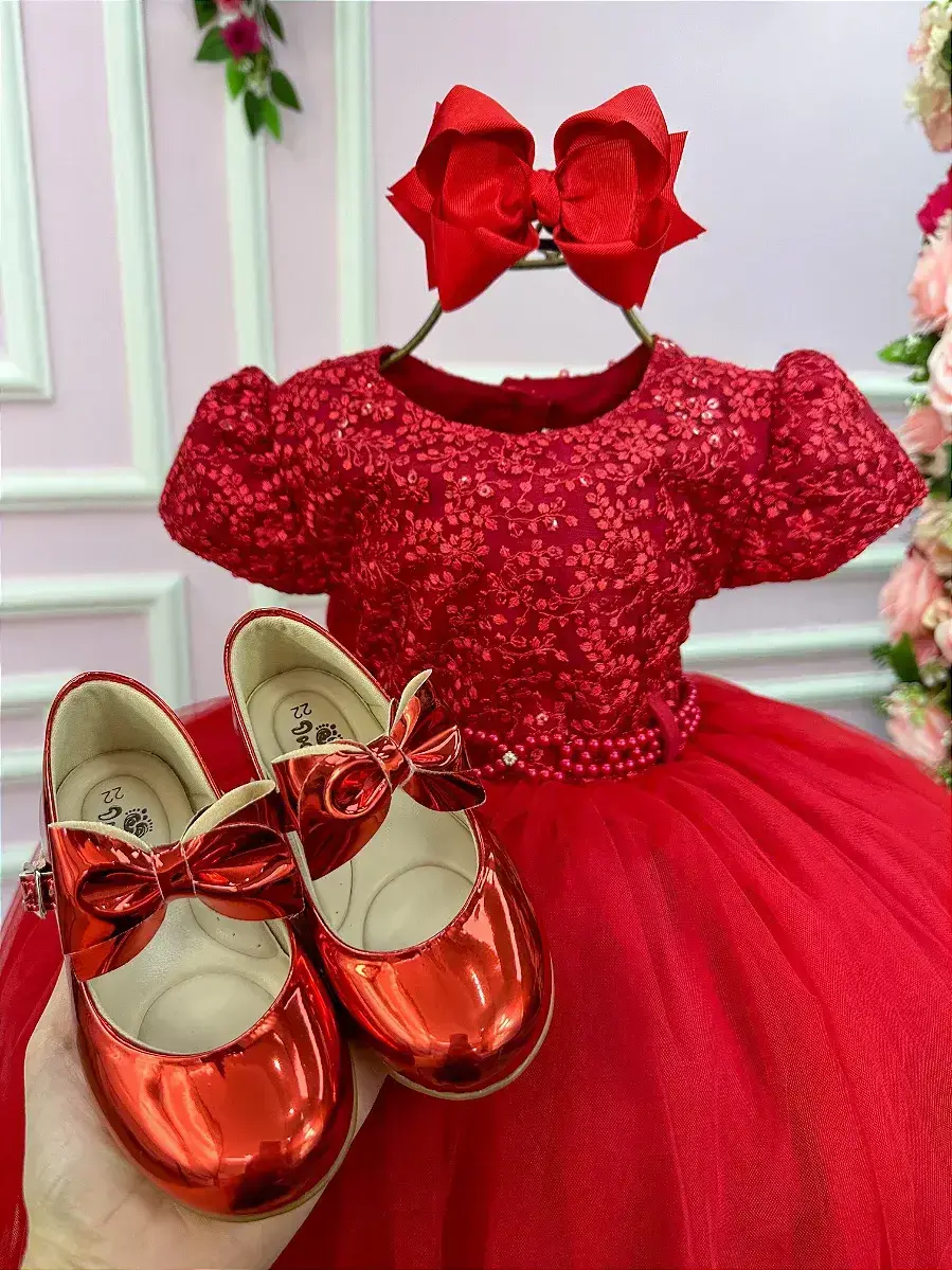 Vestido vermelho peito rendado florzinha, foto 2