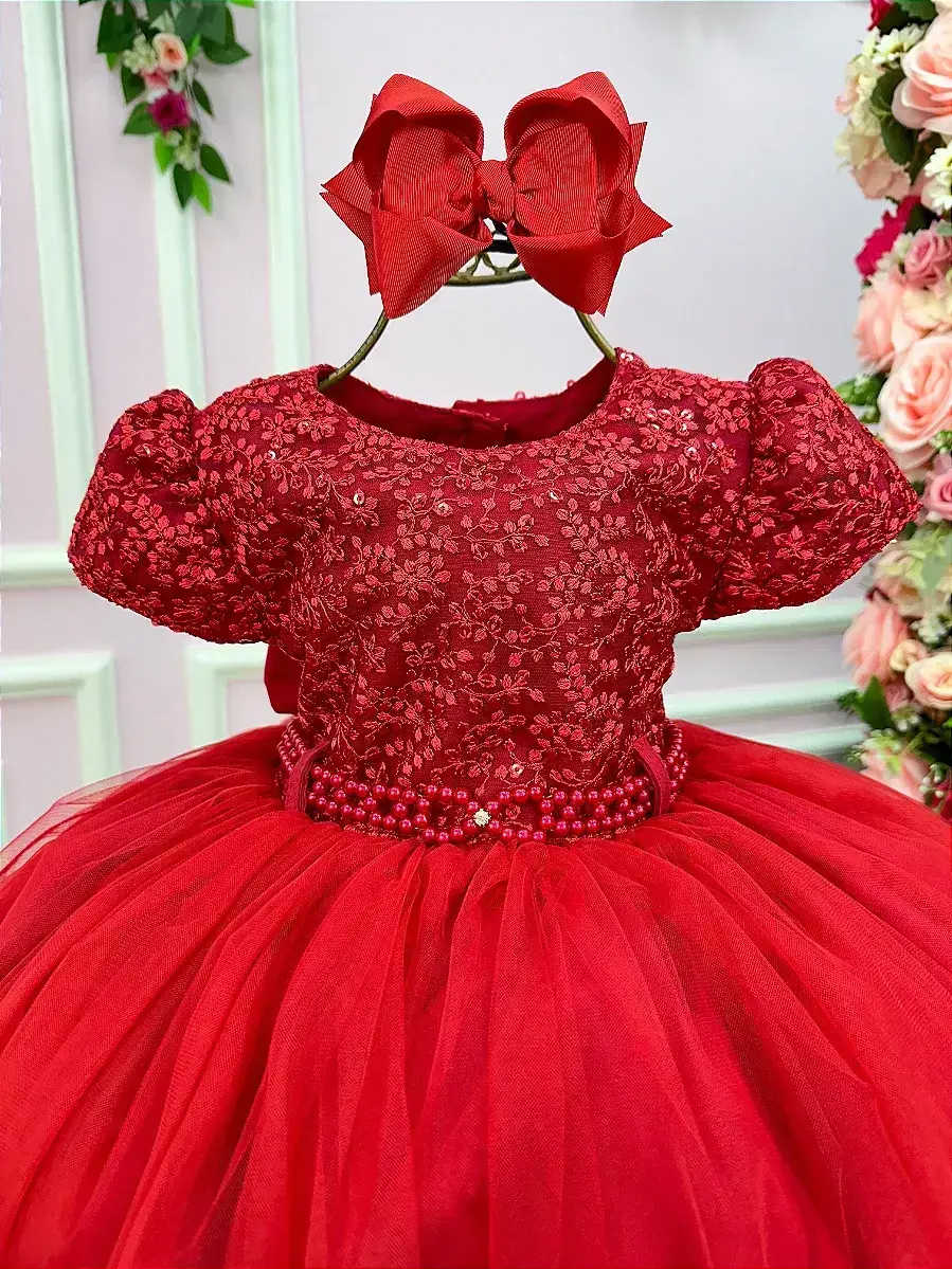 Vestido vermelho peito rendado florzinha, foto 3