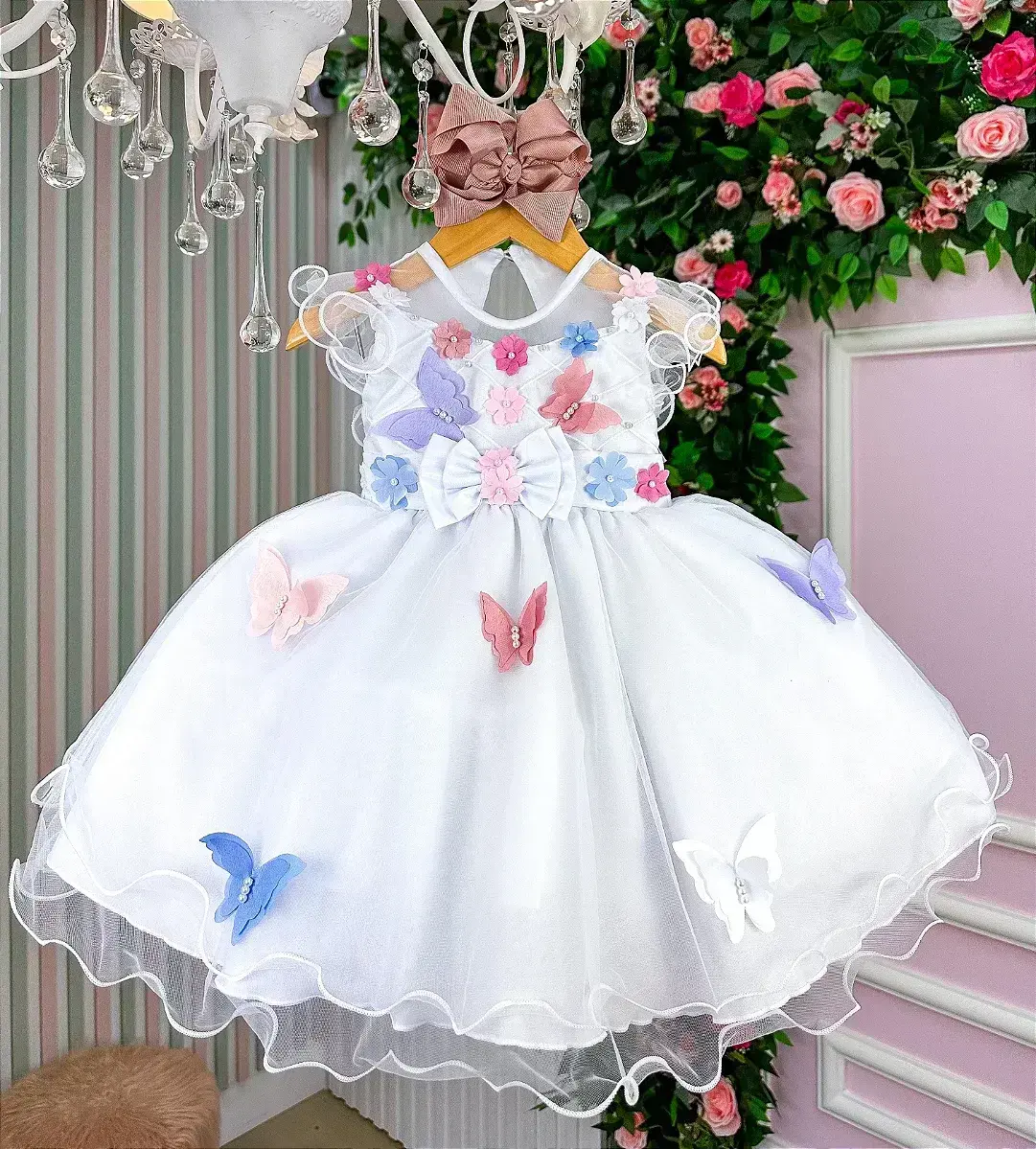 Vestido branco jardim encantado laço