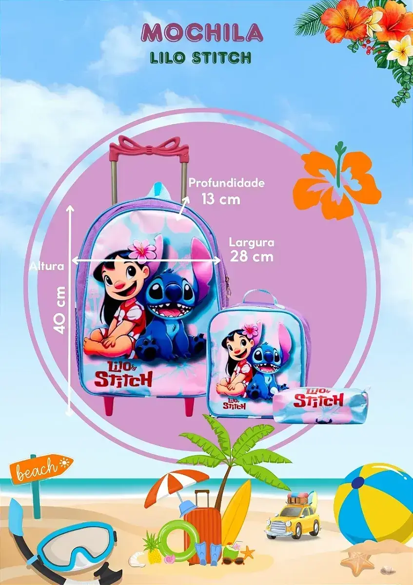 Kit mochila rodinhas lancheira estojo Lilo e Stitch, foto 8