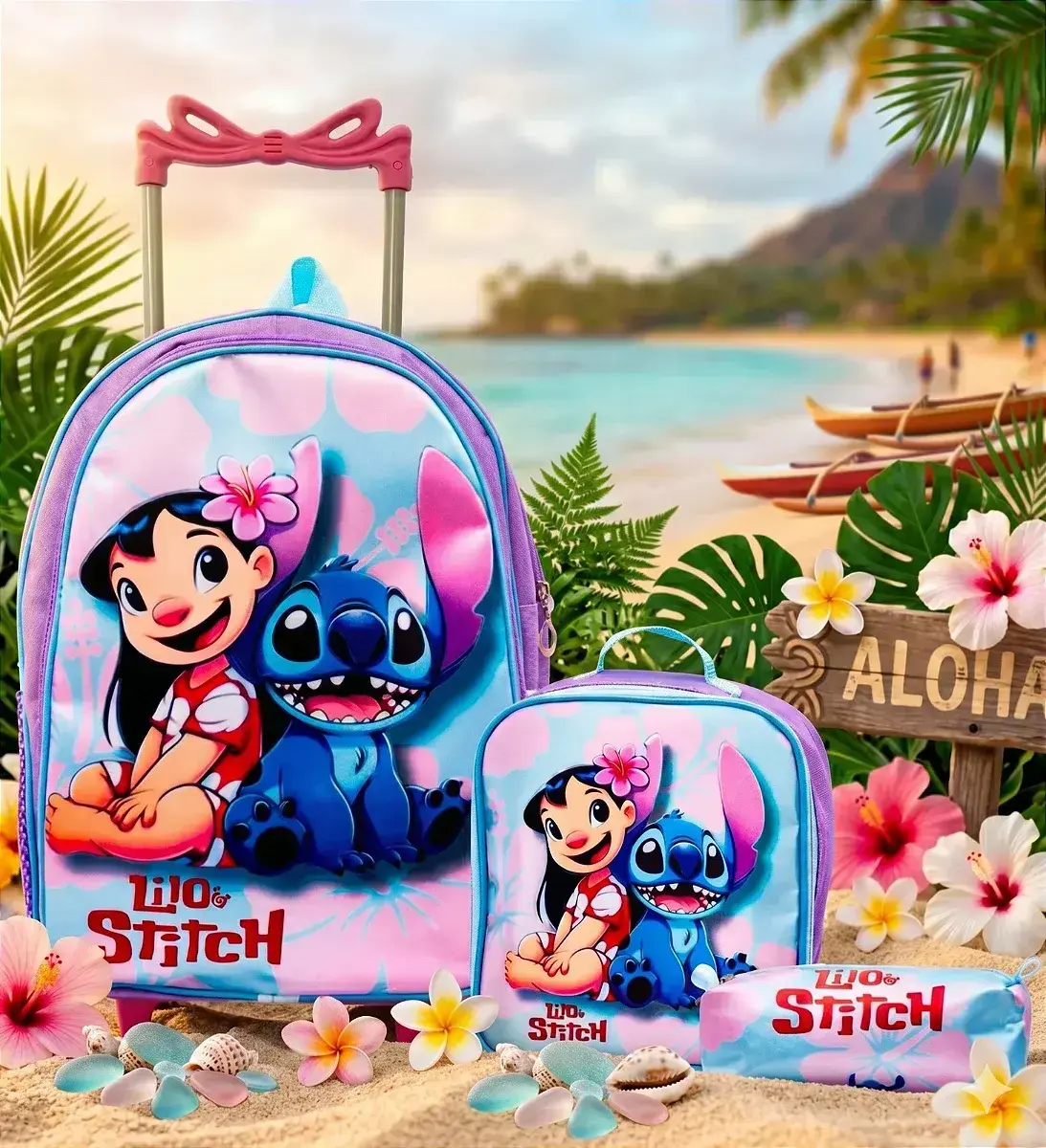 Kit mochila rodinhas lancheira estojo Lilo e Stitch