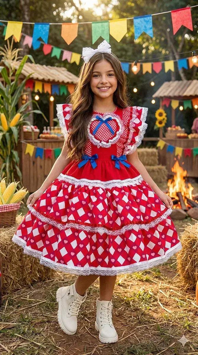 Vestido junino festa do coração vermelho