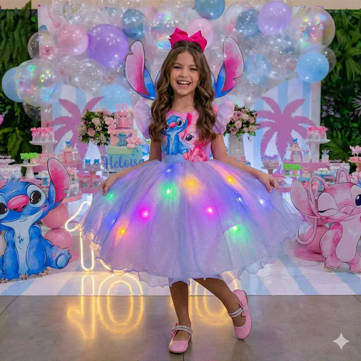 Vestido festa Lilo Stitch rosa com led