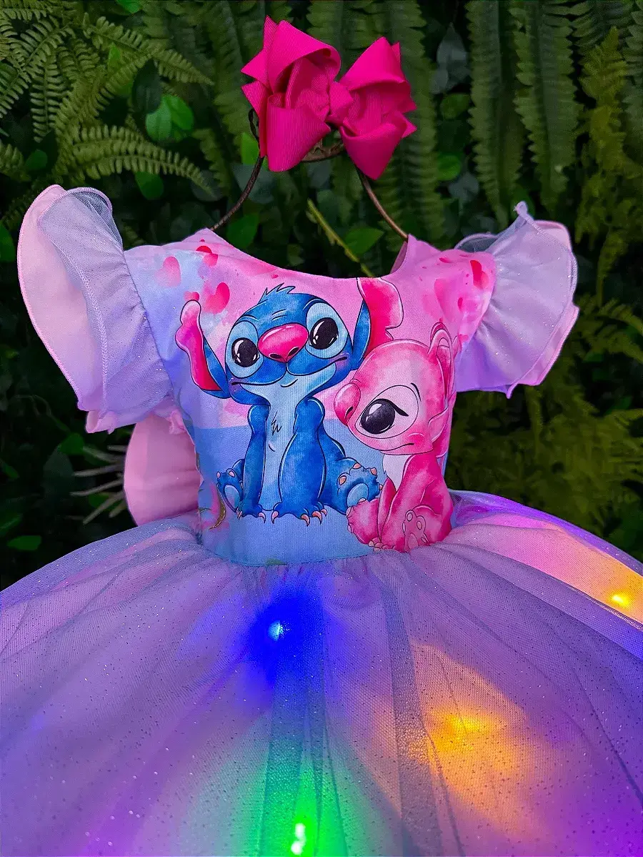 Vestido festa Lilo Stitch rosa com led, foto 4