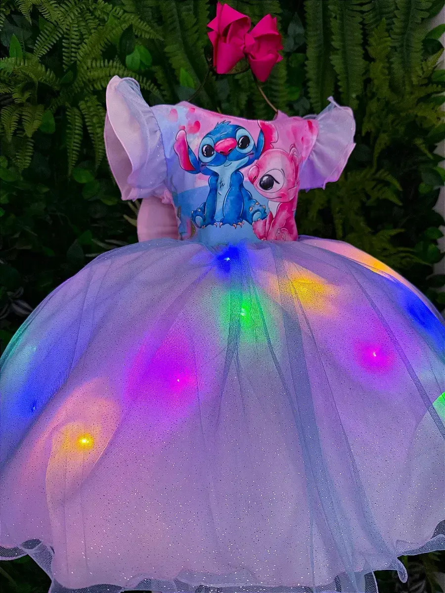 Vestido festa Lilo Stitch rosa com led, foto 5
