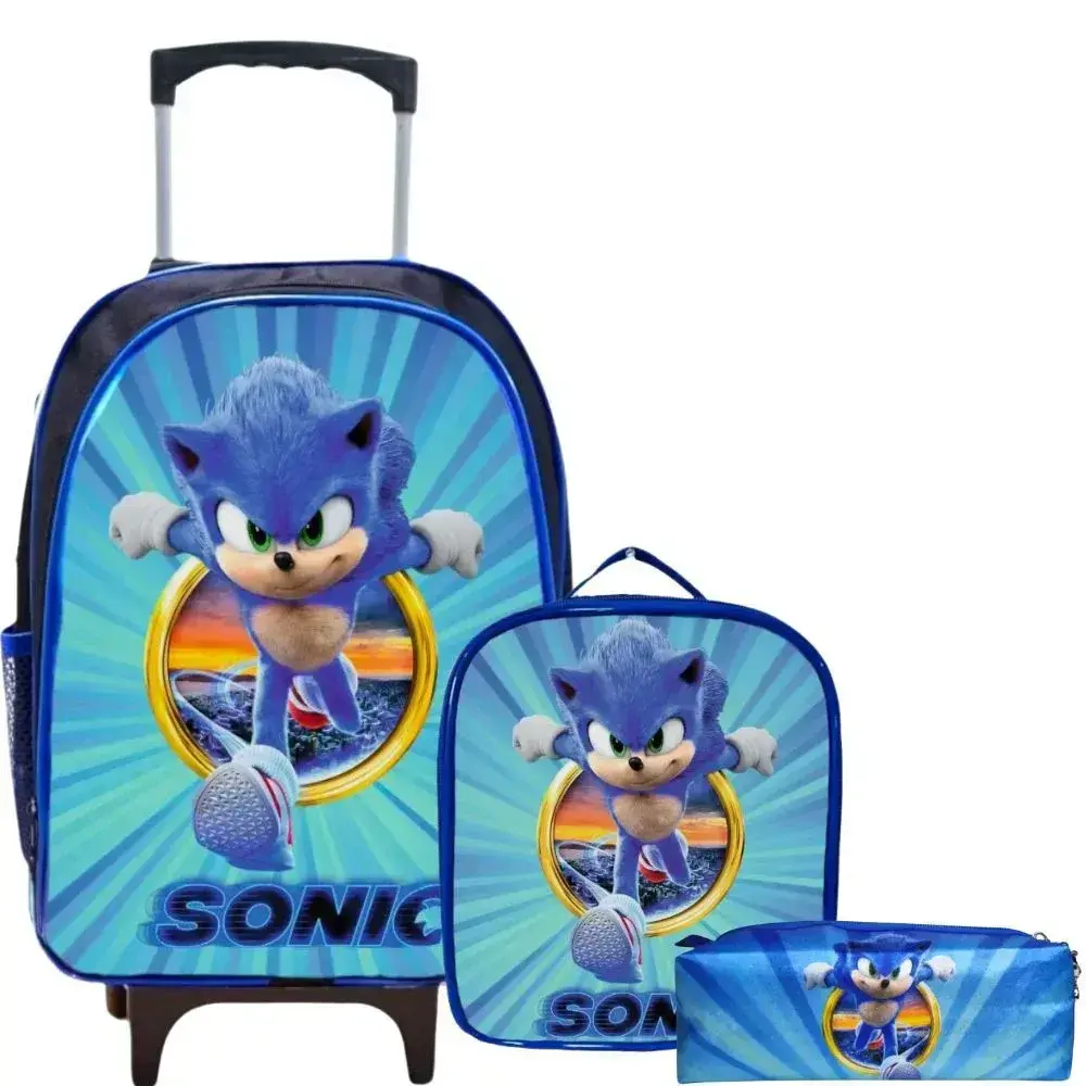 Kit mochila rodinhas lancheira estojo sonic