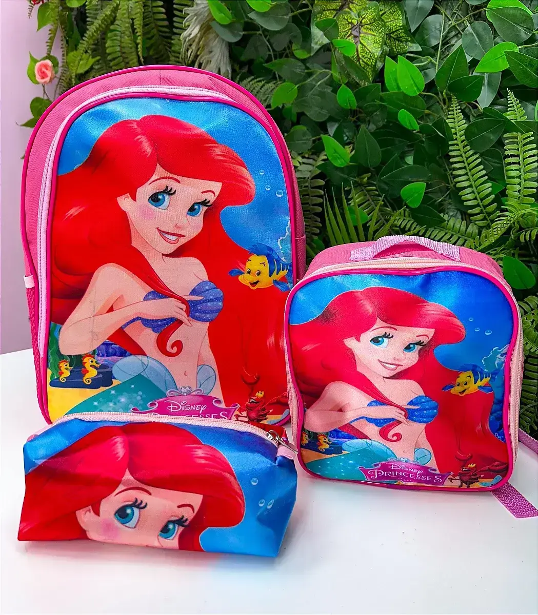 Kit mochila de costas lancheira estojo a pequena sereia Ariel