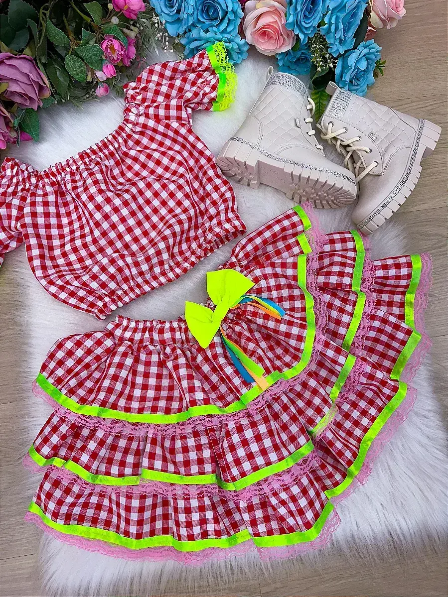 Conjunto junino festa sofia xadrez vermelho, foto 4