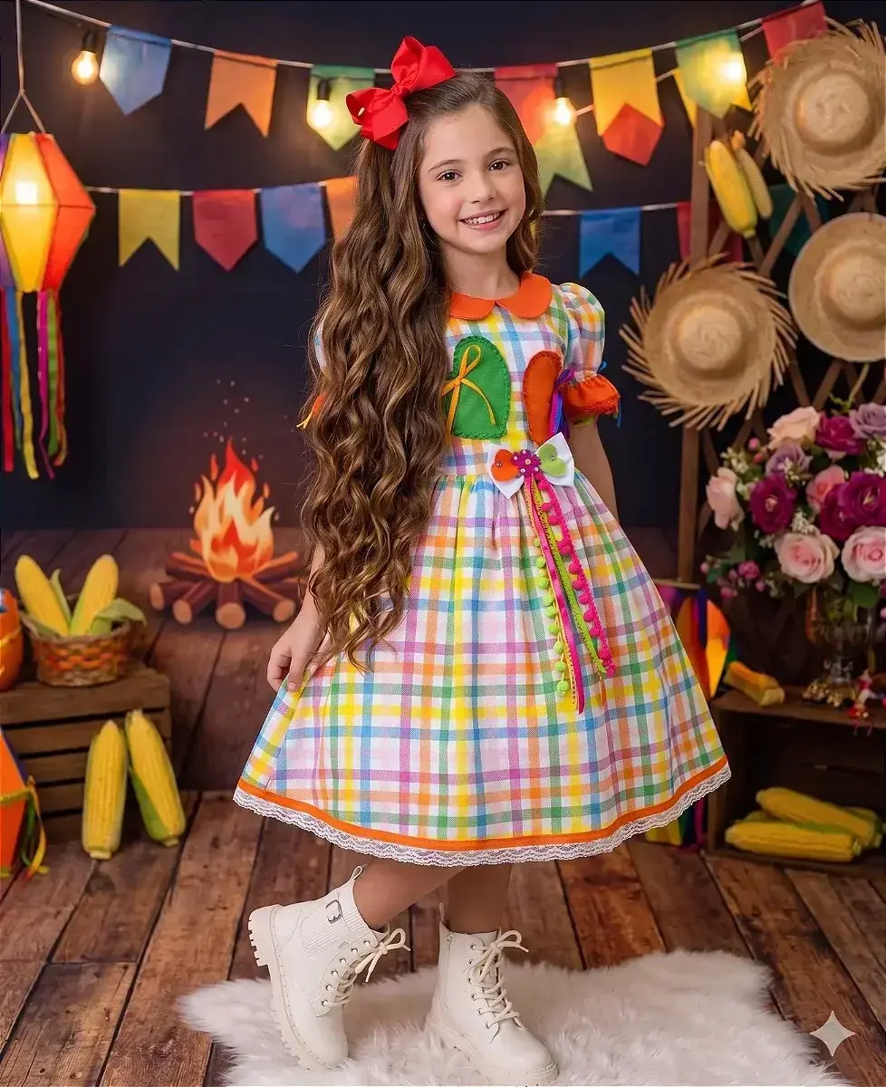 Vestido junino festa dois corações laranja
