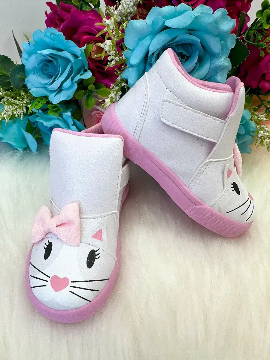 Tênis bota encanto de criança gatinha gata branco fashion, foto 2