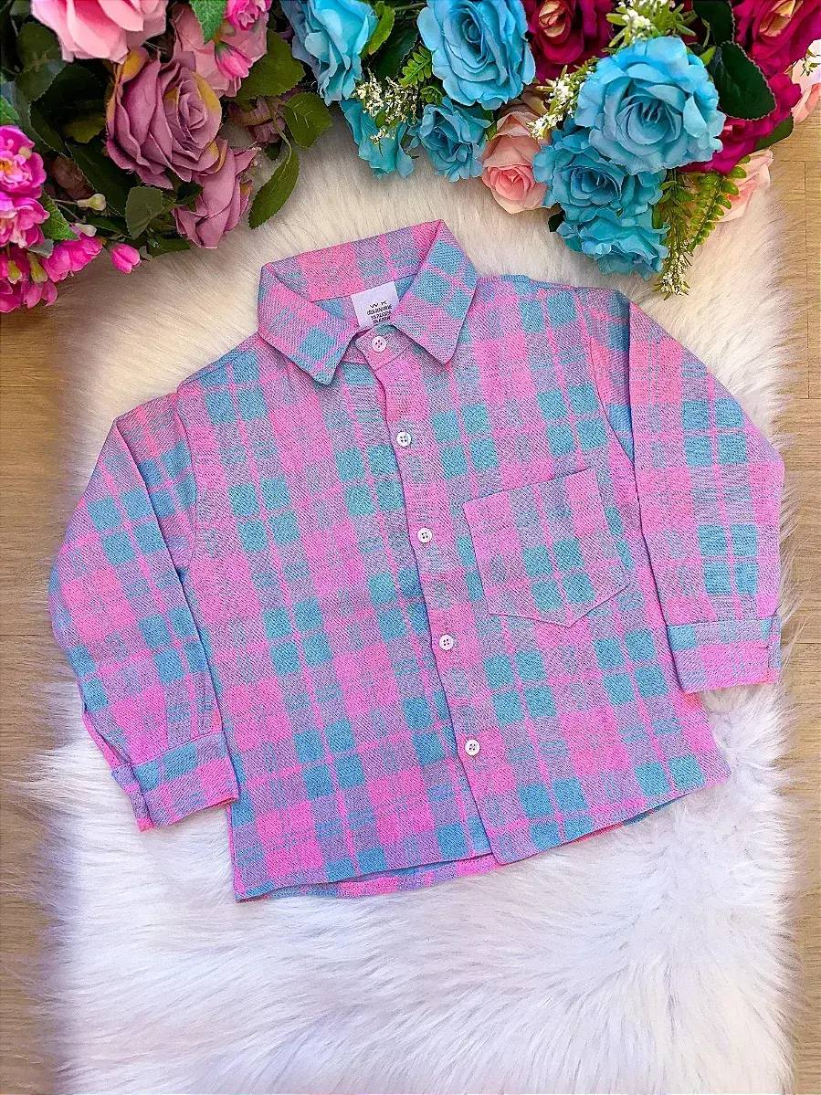 Camisa xadrez alisson rosa azul flanela flanelada junina