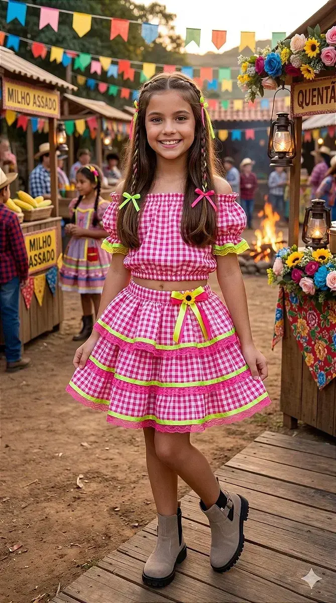 Conjunto junino festa xadrez pink