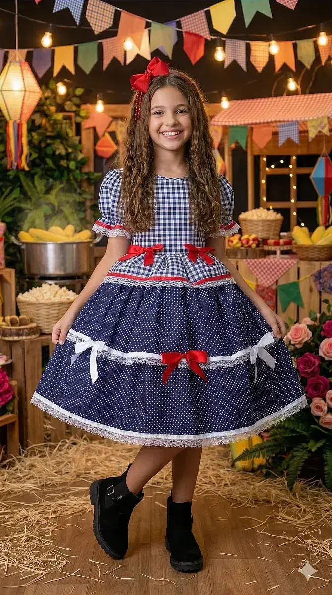 Vestido junino festa stefanny azul marinho