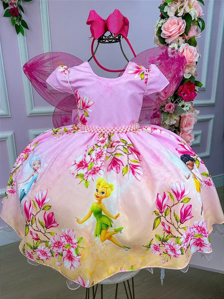 Vestido festa fadas tinker bell rosa