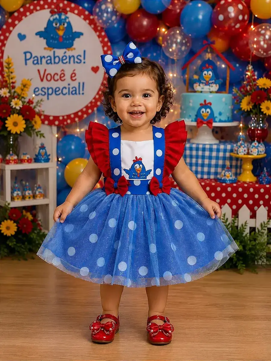 Vestido galinha pintadinha azul vermelho
