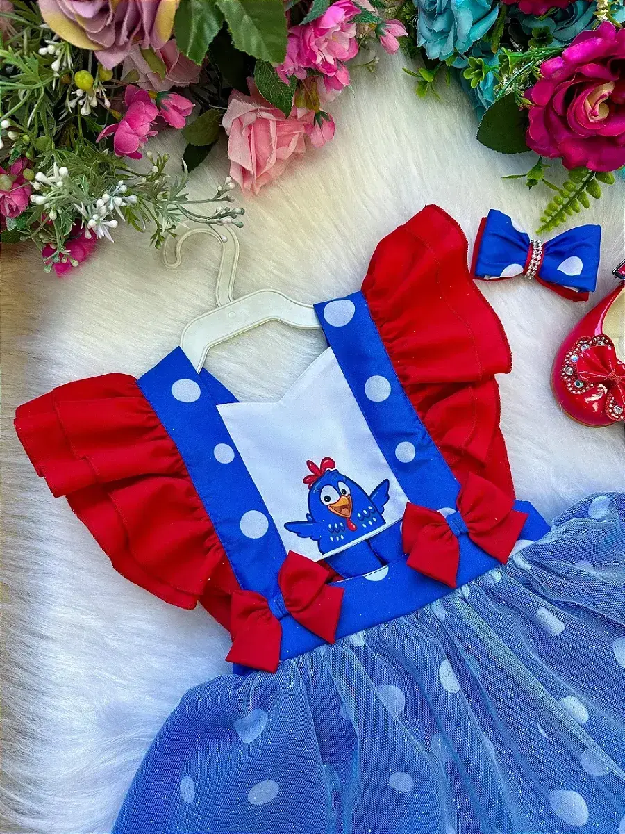 Vestido galinha pintadinha azul vermelho, foto 3