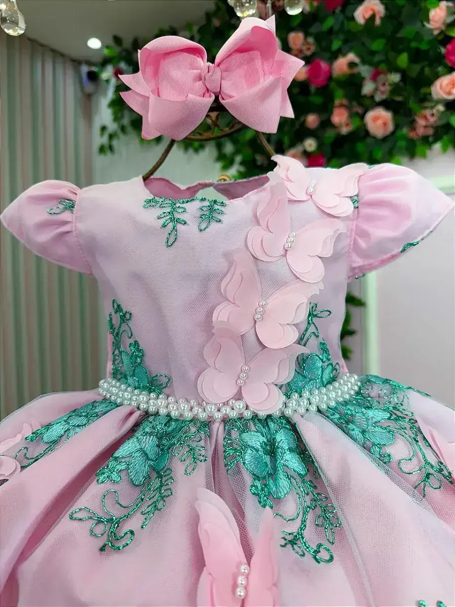 Vestido jardim encantado festa rosa verde tiffany, foto 4