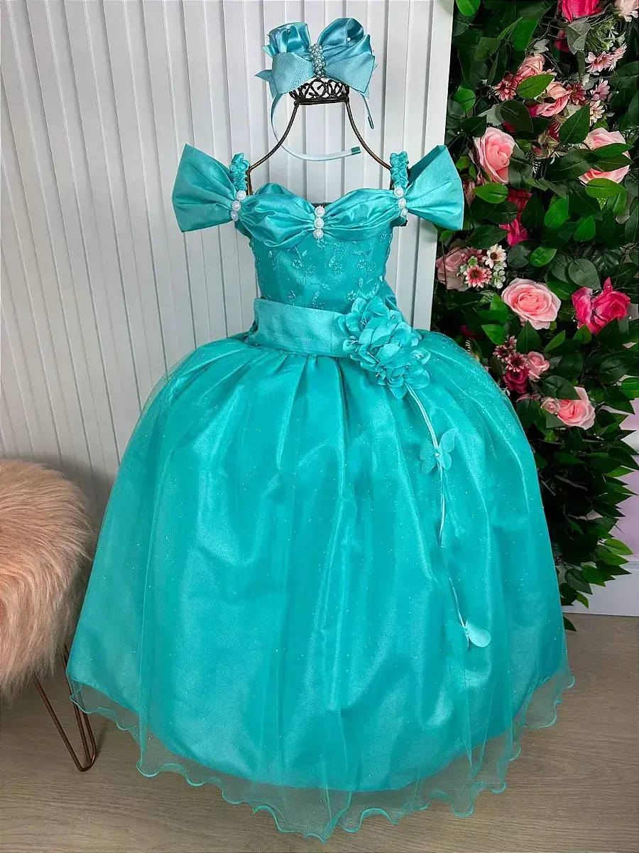 Vestido longo manga princesa verde tiffany