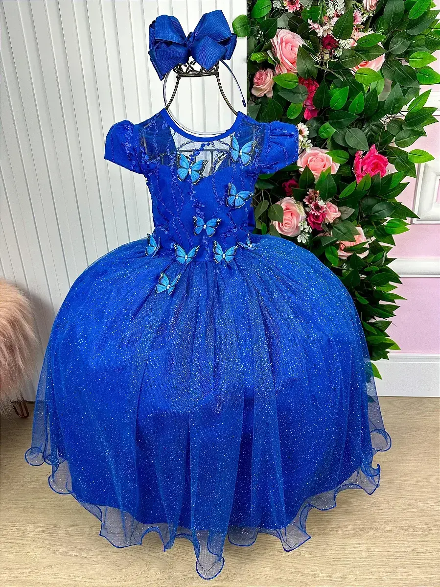 Vestido longo jardim encantado borboletas azul royal