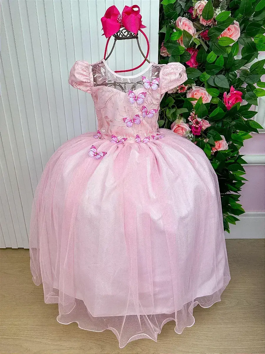 Vestido longo jardim encantado borboletas rosa