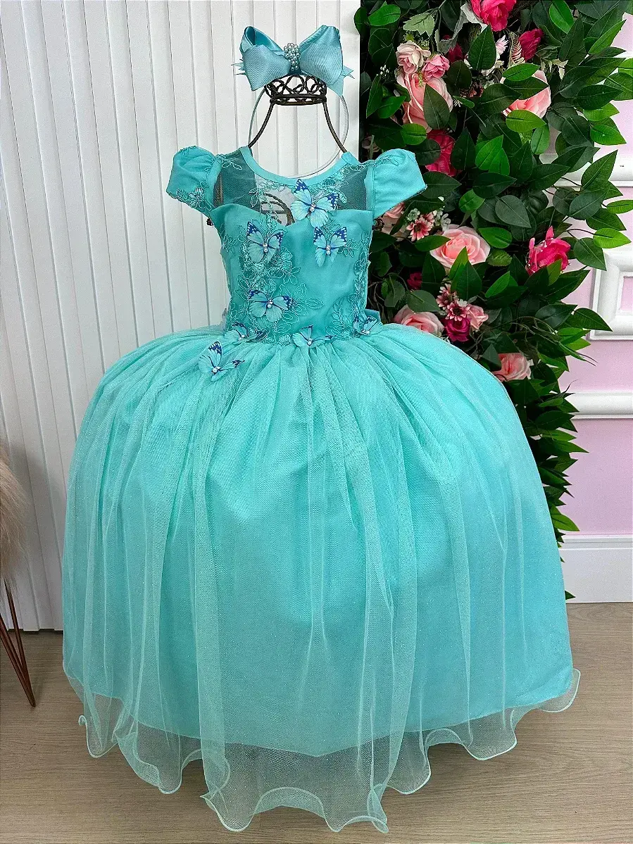 Vestido longo jardim encantado borboletas verde tiffany