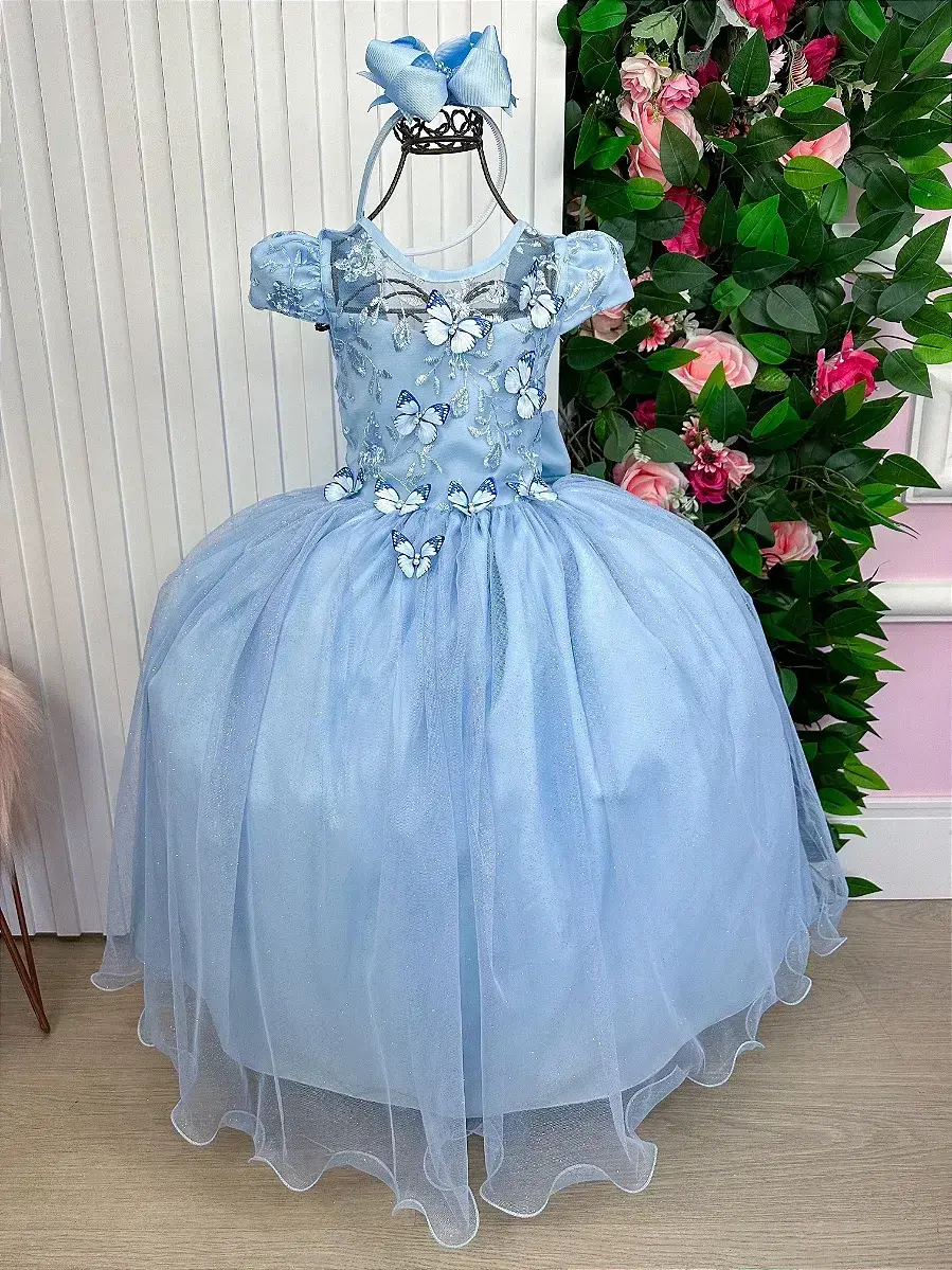 Vestido longo jardim encantado borboletas azul