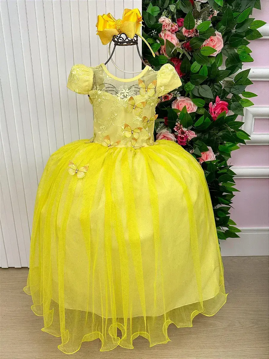 Vestido longo jardim encantado borboletas amarelo