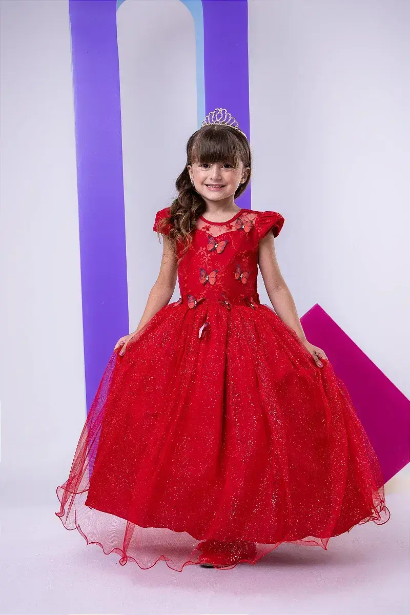 Vestido longo jardim encantado borboletas vermelho
