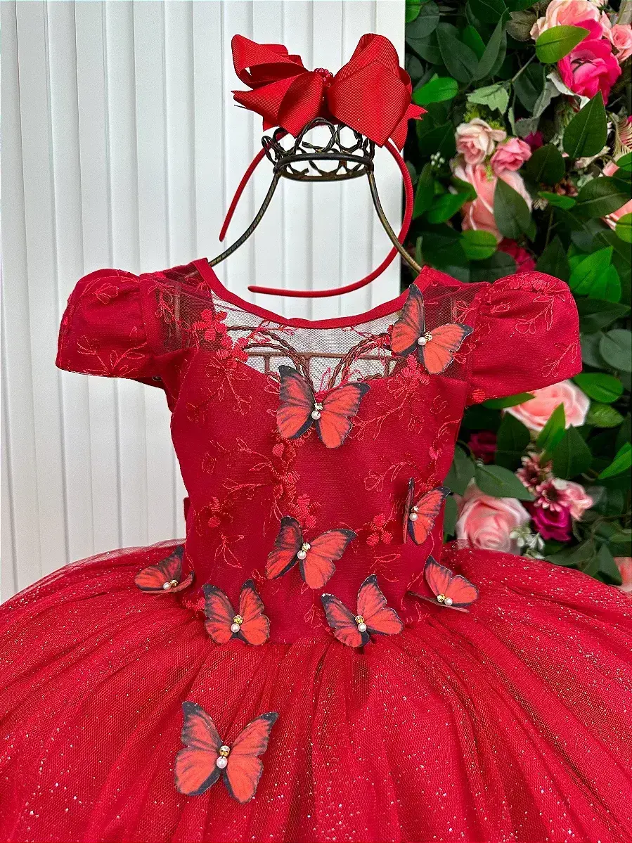Vestido longo jardim encantado borboletas vermelho, foto 7