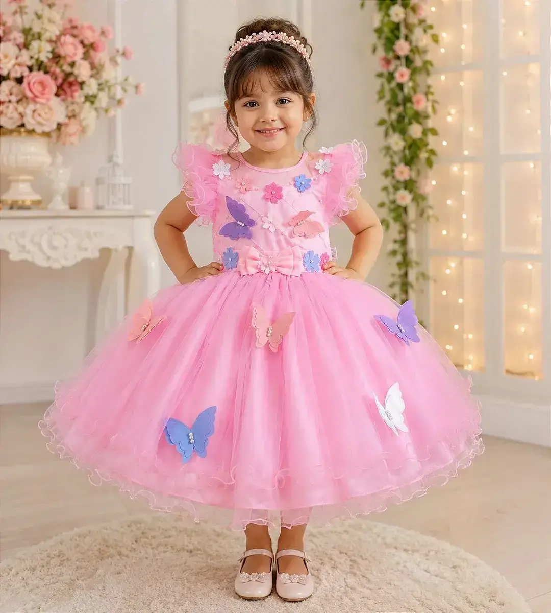 Vestido rosa jardim encantado laço