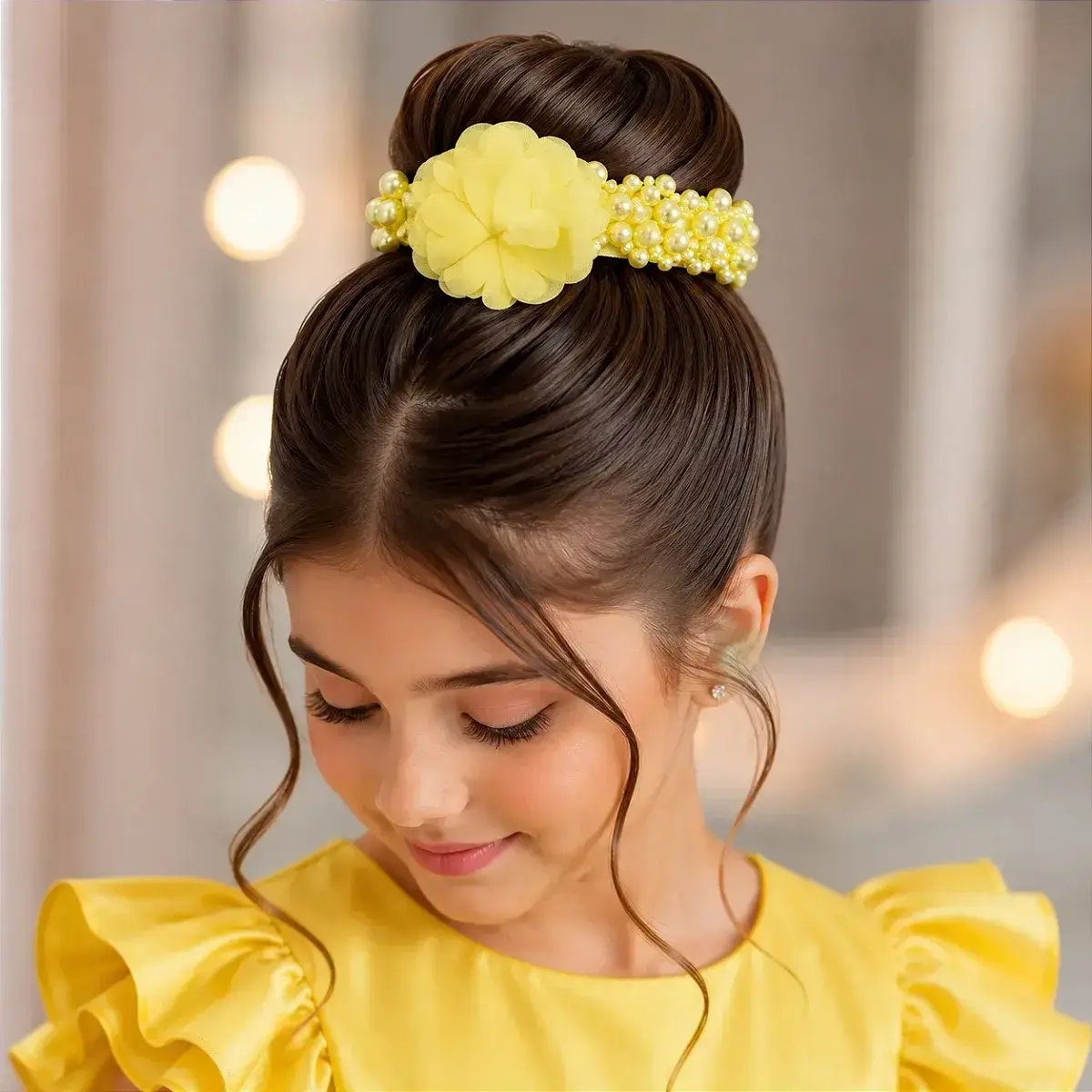 Porta coque flor perolas amarelo claro