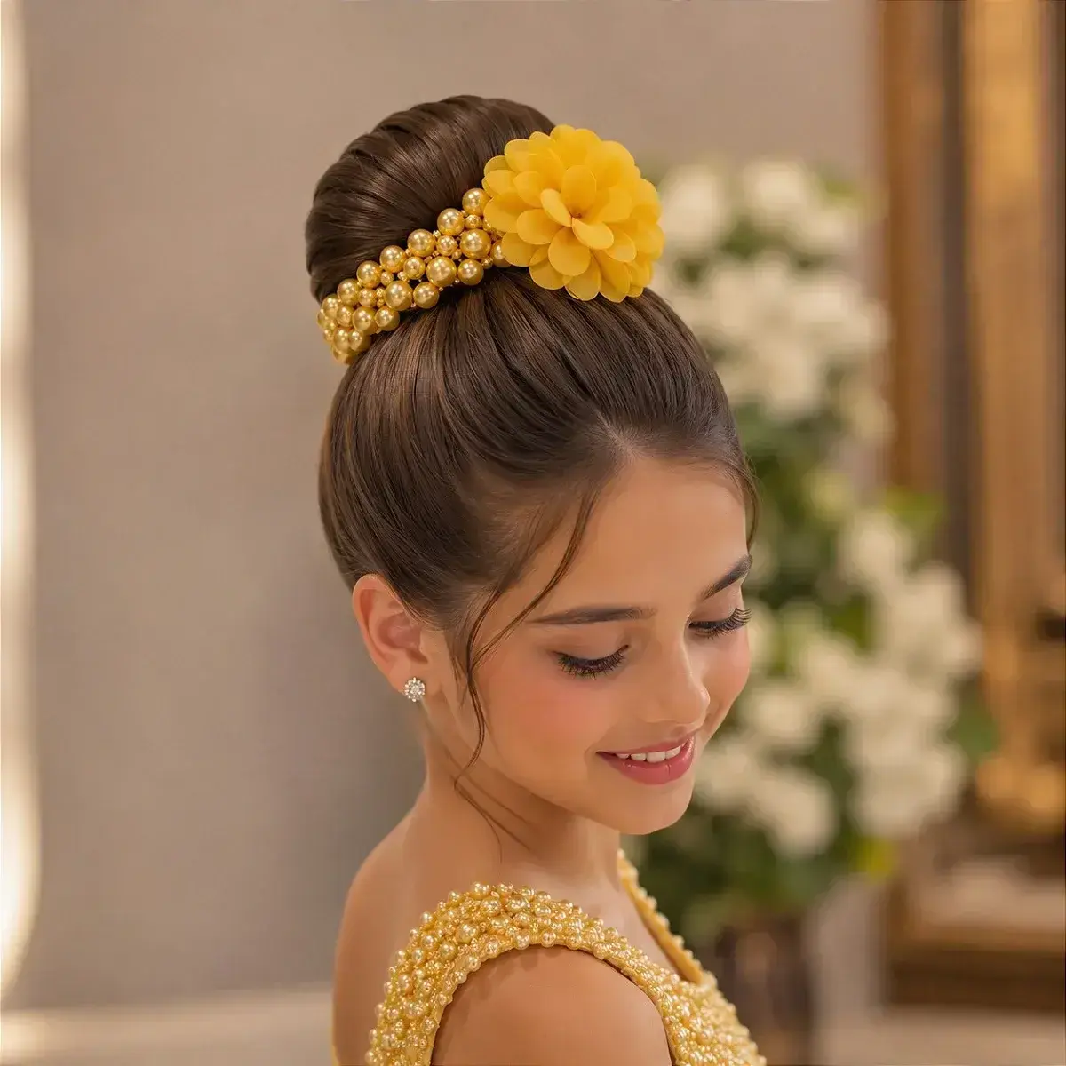Porta coque flor perolas amarelo
