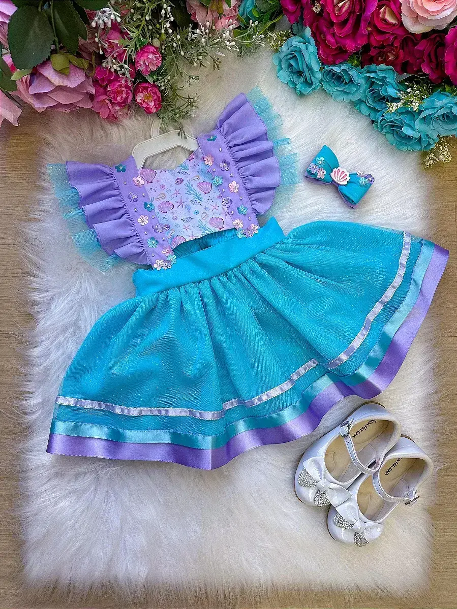 Vestido princesa sereia fundo do mar lilas tiffany