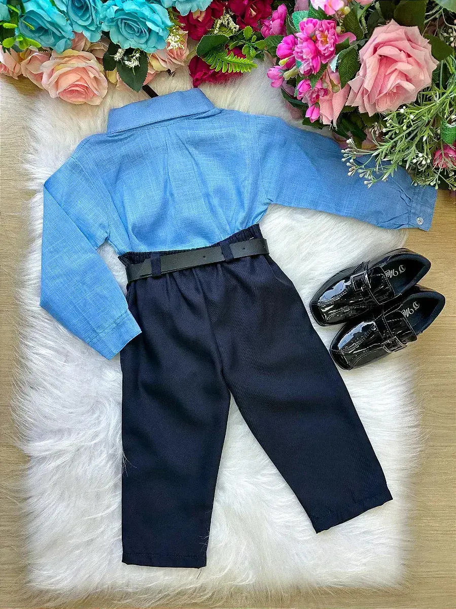 Conjunto masculino social azul linho com calça preto, foto 3