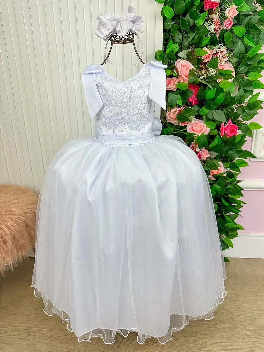 Vestido longo branco peito rendado