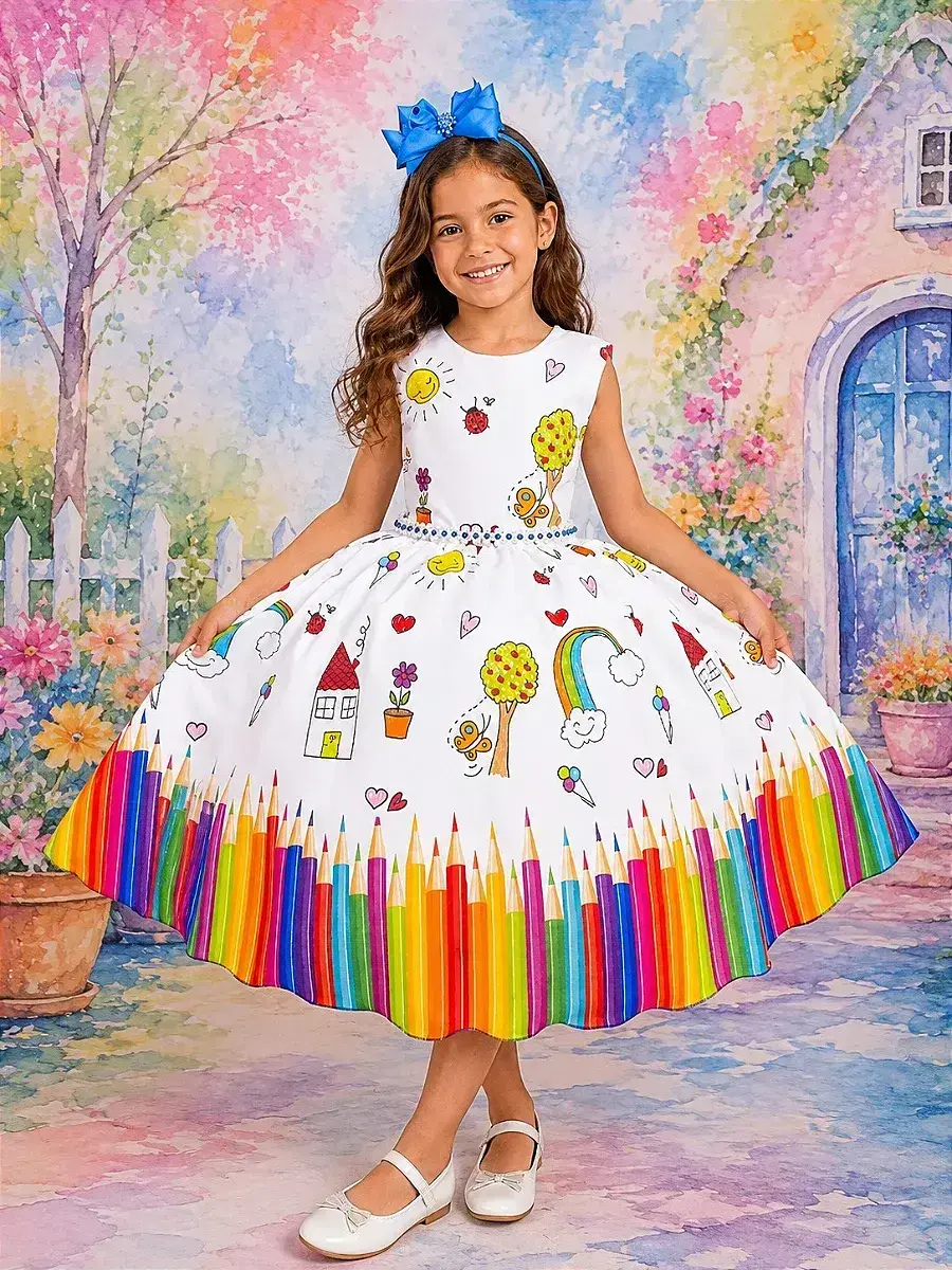 Vestido lapis aquarela abc branco azul royal