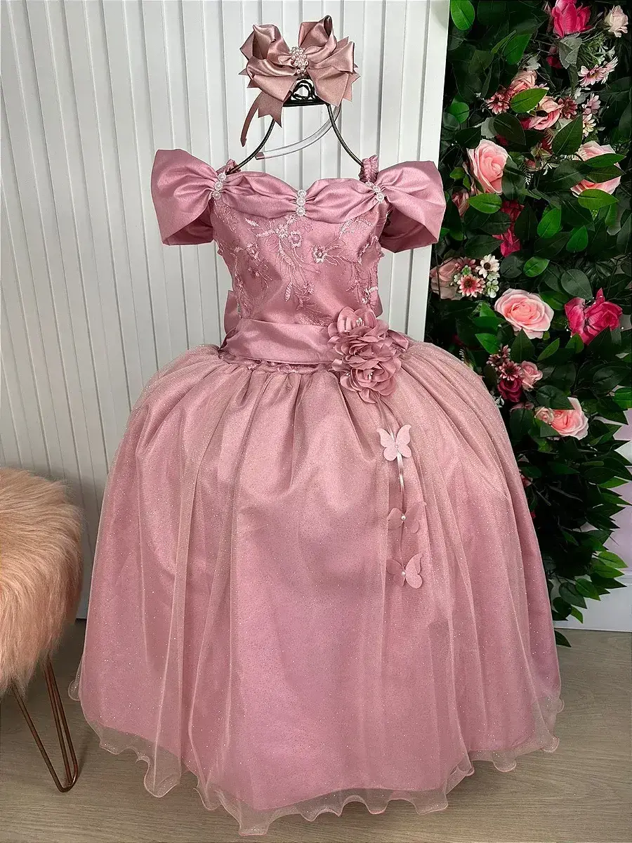 Vestido longo manga princesa rose