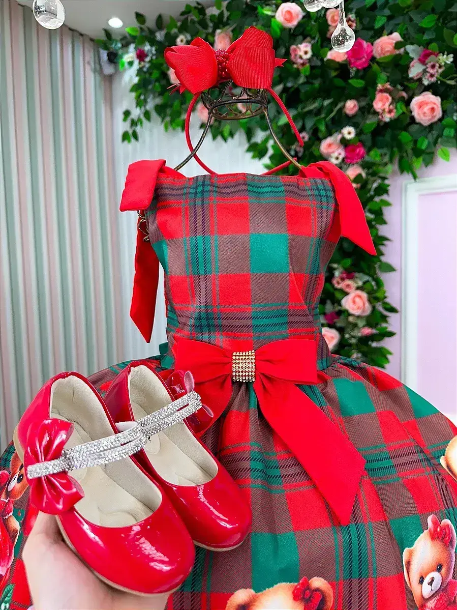 Vestido madeline ursinho xadrez vermelho Natal, foto 3