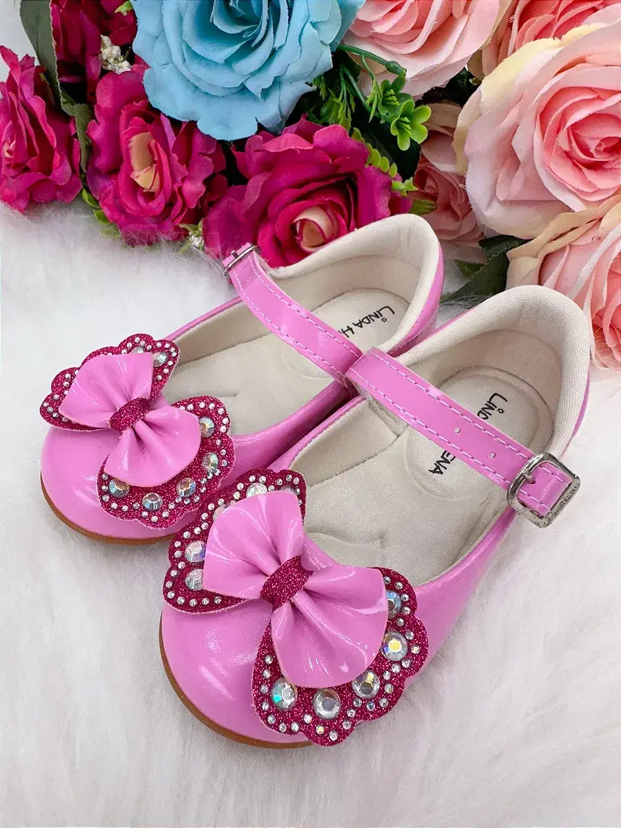 Sapatilha baby rosa chiclete pink lacinho strass