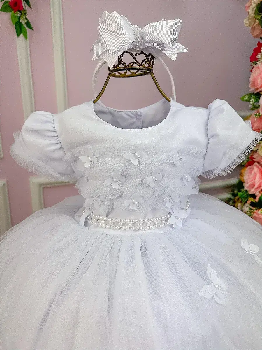Vestido branco borboletas peito tule, foto 4