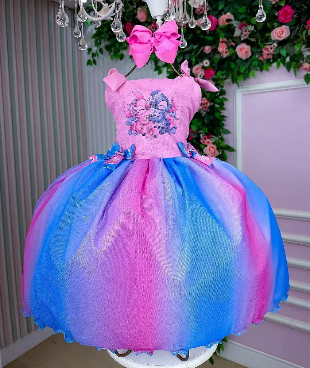 Vestido festa Stitch e angel rosa