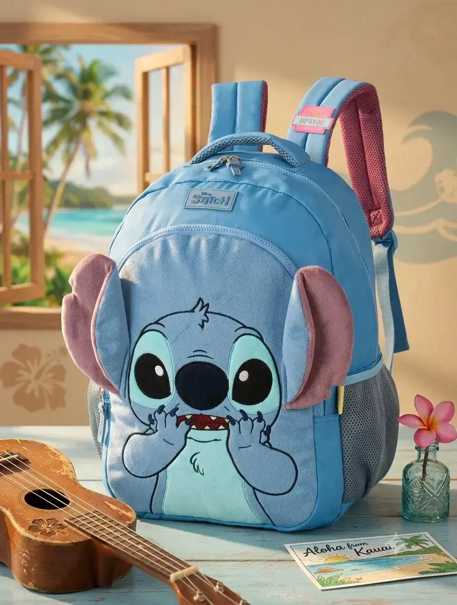 Mochila de costa Stitch orelhinhas pelucia azul